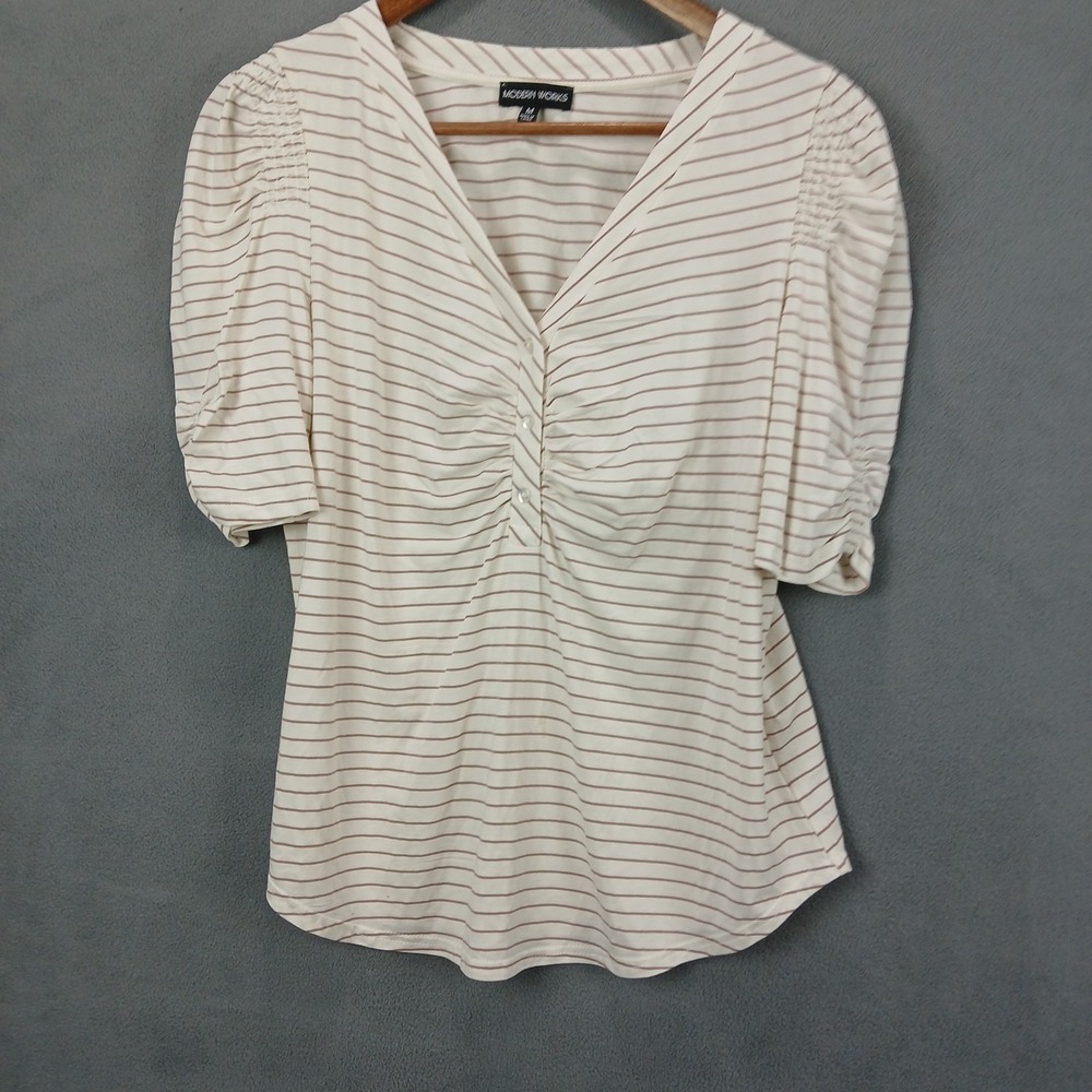 Modern Works Shirt Womens Medium White Striped Stretch Ruched Detail V Neck